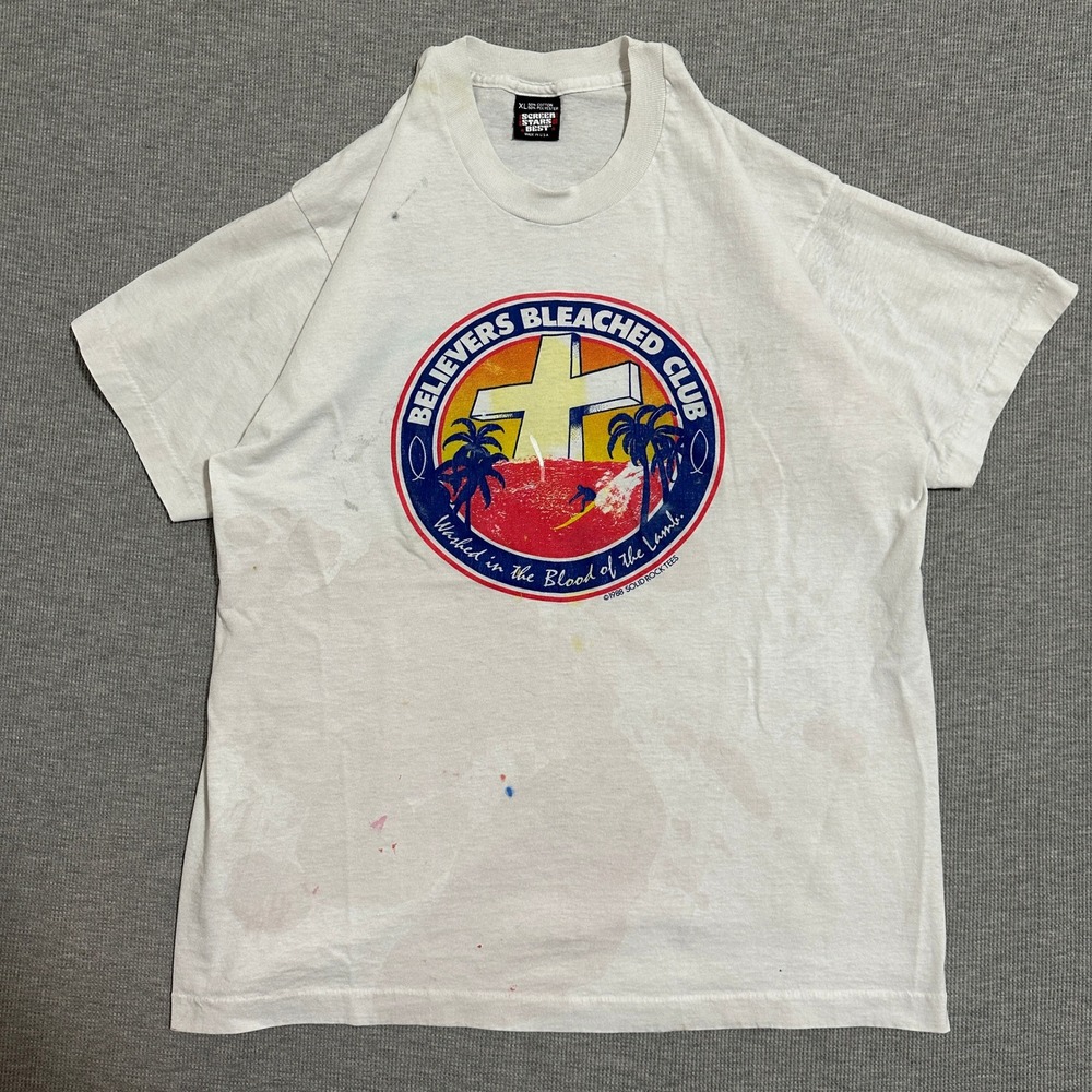 Vintage 1988 Believers Bleached Club Surf Cross Single Stitch Tee White XL